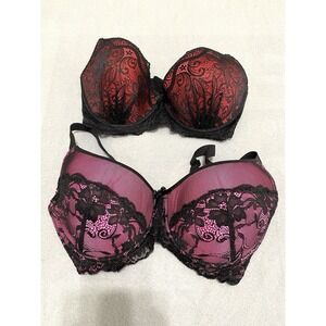Black Bow Womens Bras Lot Of 2 Red Lace Padded & Pink Lace Padded Size 38D